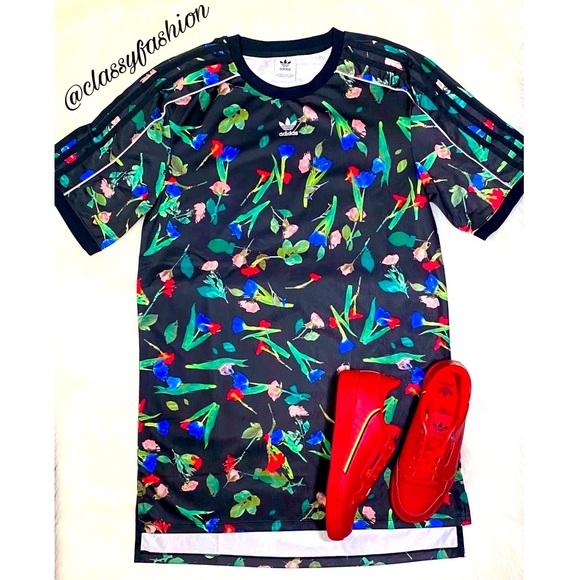 Adidas Floral Dress Athleisure Streetwear Y2K Black Print Mini Tunic New - Picture 2 of 12